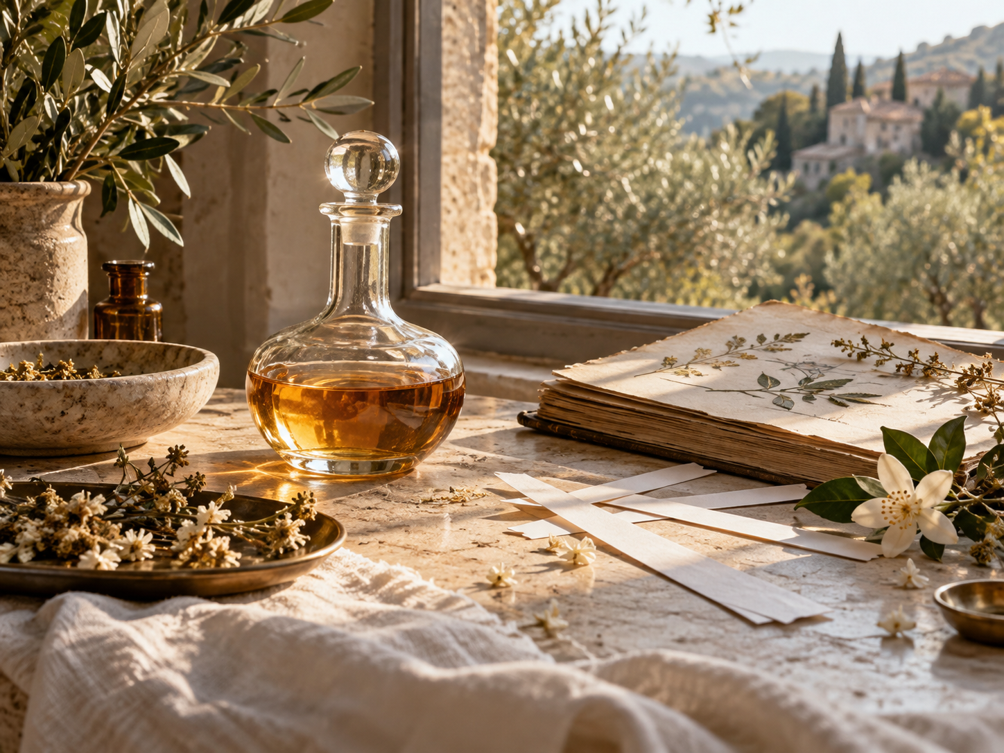 A sunlit perfumer’s worktable with botanical sketches, glass essence bottles and scent blotters